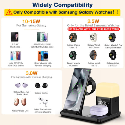 Wireless Charger for Samsung/Android Charging Station, 6 in 1 Fast Watch Charger with Alarm Clock-Night Light, Compatible for Galaxy S25 Ultra/S24/S23, Only for Samsung Watch7, Galaxy Buds3 Pro(Black)