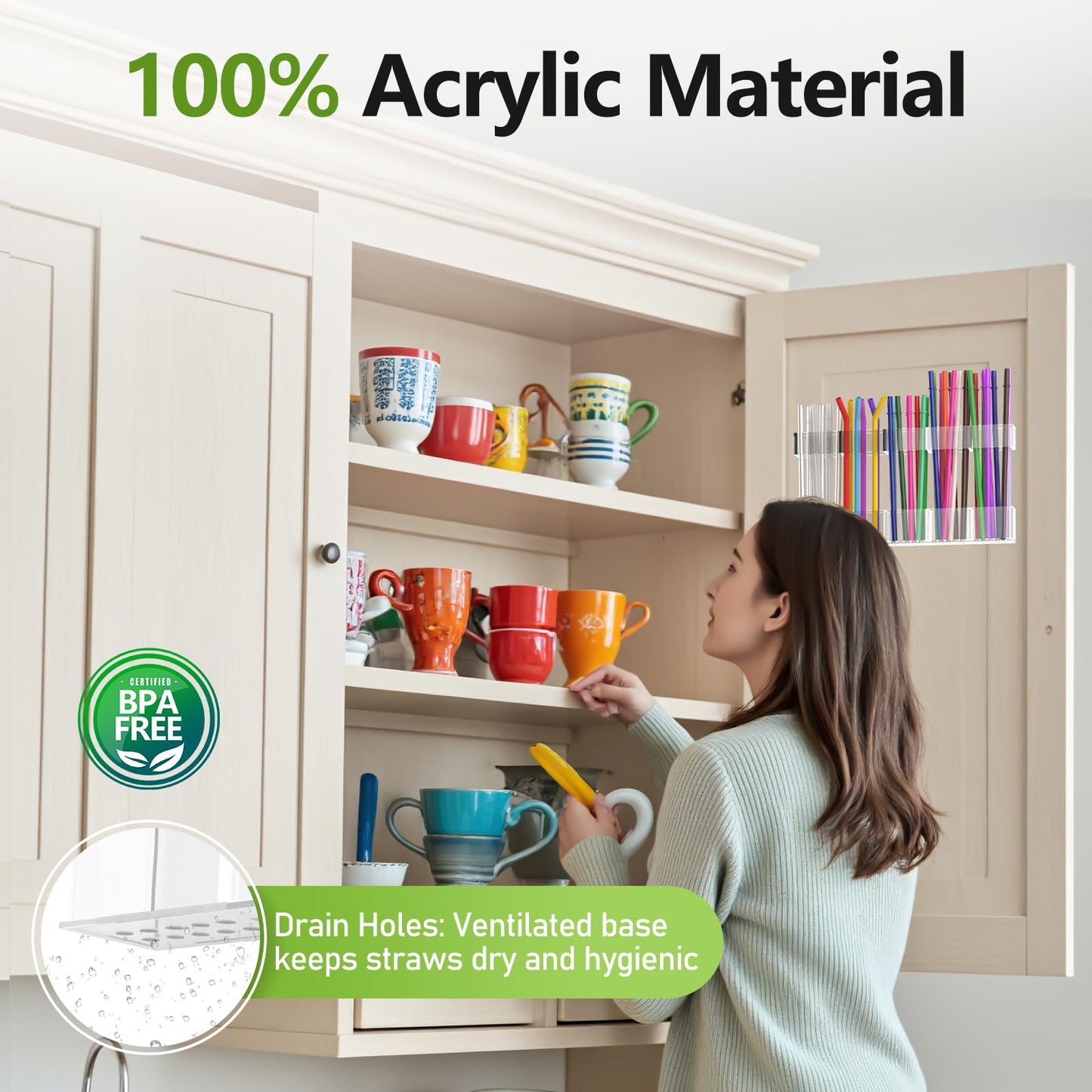 Rycid Straw Holder for Cabinet Door, 9.8” Adjustable Two-Part Large Acrylic Straws Organizer with Ultra Sticky Adhesive Strips, 2025 Reusable Straw Storage for Kitchen Cupboard(Transparent)