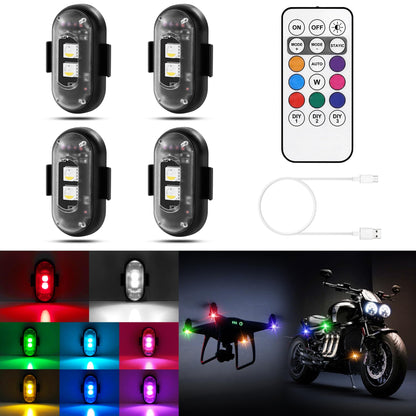 Amiline Wireless LED Lights for Car 4PCS with Remote Control, Wireless LED Strobe Lights 8 Colors USB Charge IP65 Waterproof Anti-Collision for Car Motorcycle Drone RC Aircraft Bike, Black