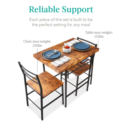 Best Choice Products 3-Piece Modern Dining Set, Space Saving Dinette for Kitchen, Dining Room, Small Space w/Steel Frame, Built-in Storage Rack - Brown