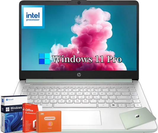 HP 14" Laptop for Student Business, with Office Lifetime License & Windows 11 Pro, Intel 4-Core N150, 16 GB RAM, 384 GB Storage(128GB UFS+256GB Micro SD), Ultra Light, Webcam, WiFi, HDMI, Green