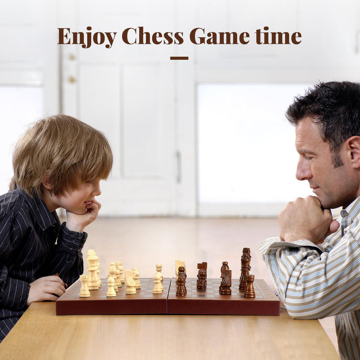 Strong Magnetic Chess Set for Adults & Kids, 15.4" Leather Chess Board & Handcrafted Wooden Chess Pieces with Storage Slots, Portable Travel Chess Game for Beginner and Professional