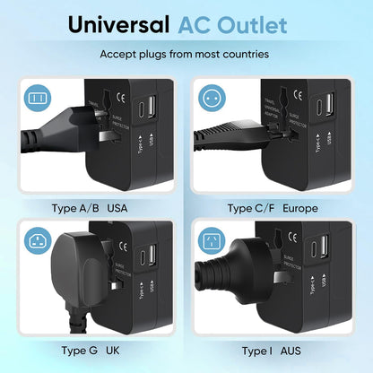 Travel Adapter, Worldwide All in One Universal Travel Adaptor AC Power Plug Adapter Wall Charger with USB-C and USB-A Ports for USA EU UK AUS Black