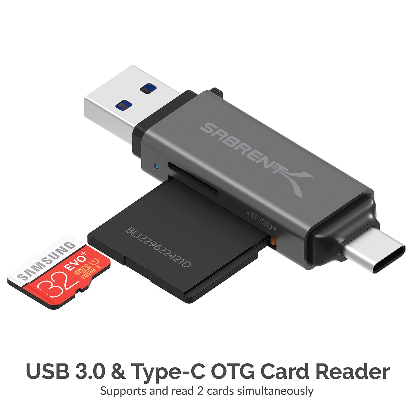 SABRENT USB 3.0 and USB Type-C OTG Card Reader Supports SD, SDHC, SDXC, MMC/MicroSD, T-Flash (CR-BCA2)