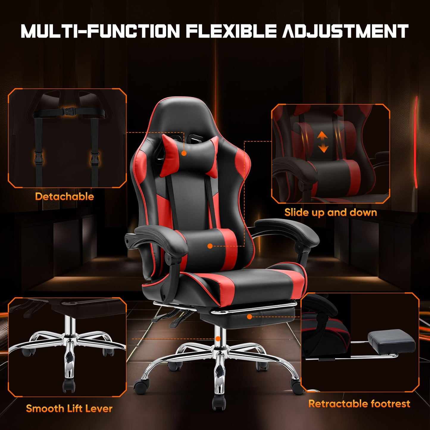 Sweetcrispy Video Game Desk Chair - Ergonomic Computer with Footrest and Comfy Lumbar Support, PU Leather Recliner with Headrest, Fixed Up Armrest, Height Adjustable with 360° Swivel, for Adults, Red