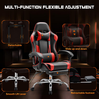 Sweetcrispy Video Game Desk Chair - Ergonomic Computer with Footrest and Comfy Lumbar Support, PU Leather Recliner with Headrest, Fixed Up Armrest, Height Adjustable with 360° Swivel, for Adults, Red