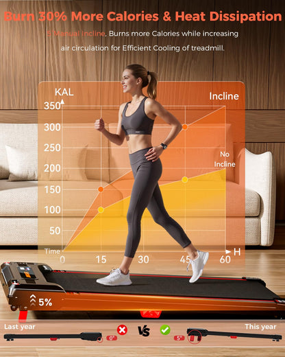 Anylife Treadmill Incline Walking Pads Under Desk 330lb Capacity, 2.5HP Portable Small Running Pad with LED Display for Home, Compact, Remote Control, Black Red