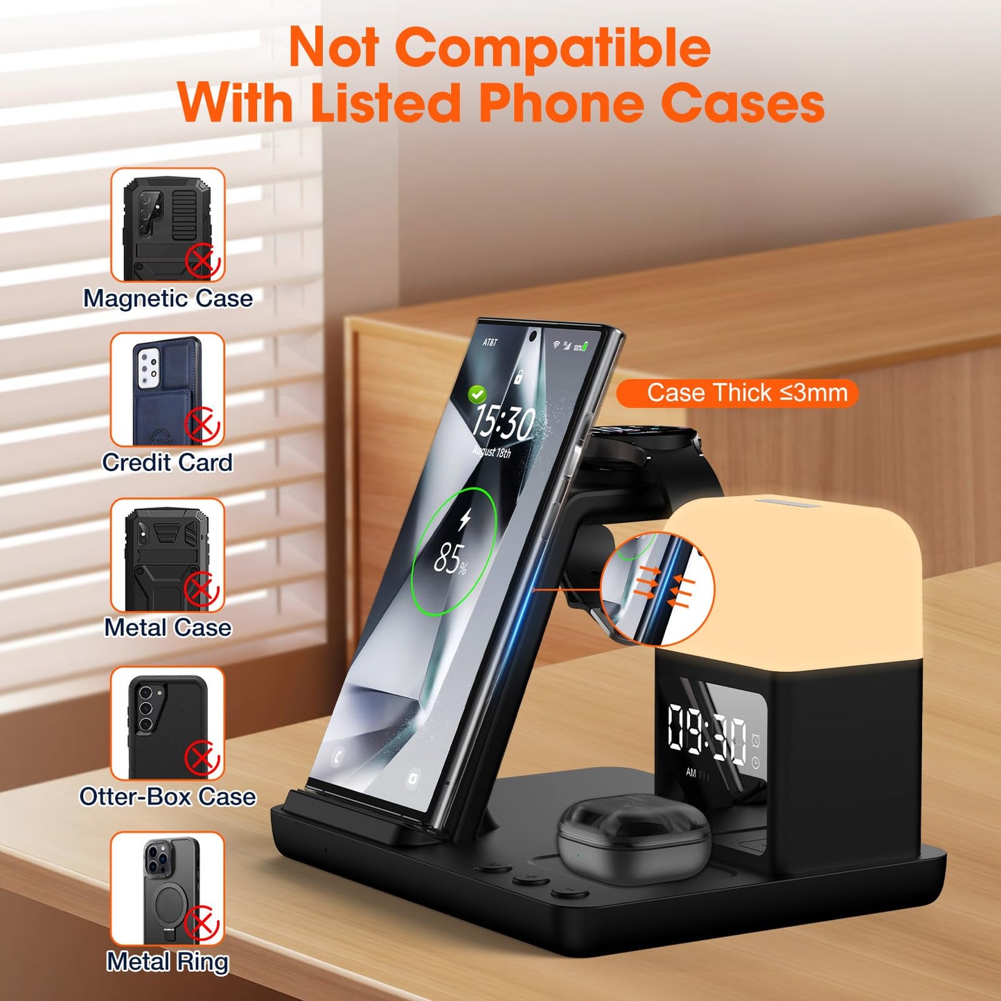 Wireless Charger for Samsung/Android Charging Station, 6 in 1 Fast Watch Charger with Alarm Clock-Night Light, Compatible for Galaxy S25 Ultra/S24/S23, Only for Samsung Watch7, Galaxy Buds3 Pro(Black)