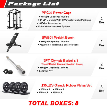 RitFit Multi-Function Garage & Home Gym Package Includes 1000LBS Power Cage PPC03 with Cable Crossover System, Weight Bench, Olympic Barbell Weight Set, Full Body Workout-BLK,Bumper Plate 230lbs