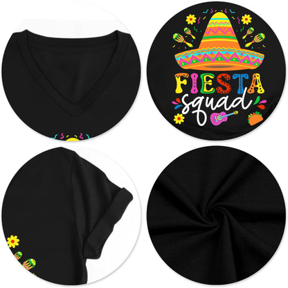 QAUN Cinco De Mayo Shirts for Women: Mexican V Neck Tshirt Let's Fiesta Tops Sombrero May 5th Tees(Black2, XX-Large)