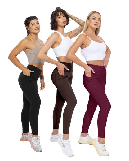 CHRLEISURE Leggings with Pockets for Women, High Waisted Tummy Control Workout Yoga Pants(5 Packs 2Black,Gray,Brown, Burgundy, L)