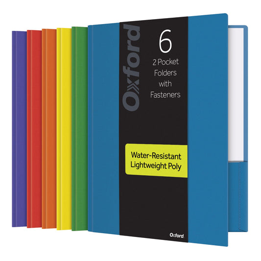 Oxford 2 Pocket Folders with Fasteners, Sturdy Plastic Folders, Letter Size, Asstd. Colors (Blue, Green, Yellow, Orange, Red, Purple), 6 Pack (13189)