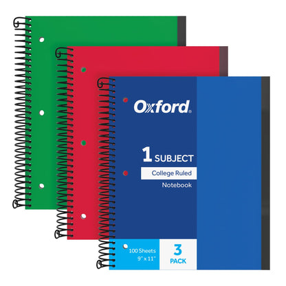 Oxford Spiral Notebook 3 Pack, 1 Subject, College Rule Journal, Durable Plastic Covers, 1 Pocket, 8.5 x 11 inch, 100 Sheets, Blue, Red, Green, 3 Pack (89801)