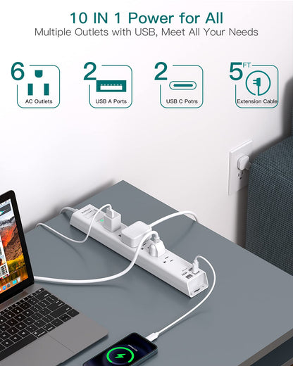 Power Strip Surge Protector with USB C - Flat Plug Extension Cord with 6 AC Outlets 4 USB (2 USB C), Wall Mount, 5ft, 900 J, Multi Plug Outlet Extender for Home Office Dorm Room Essentials