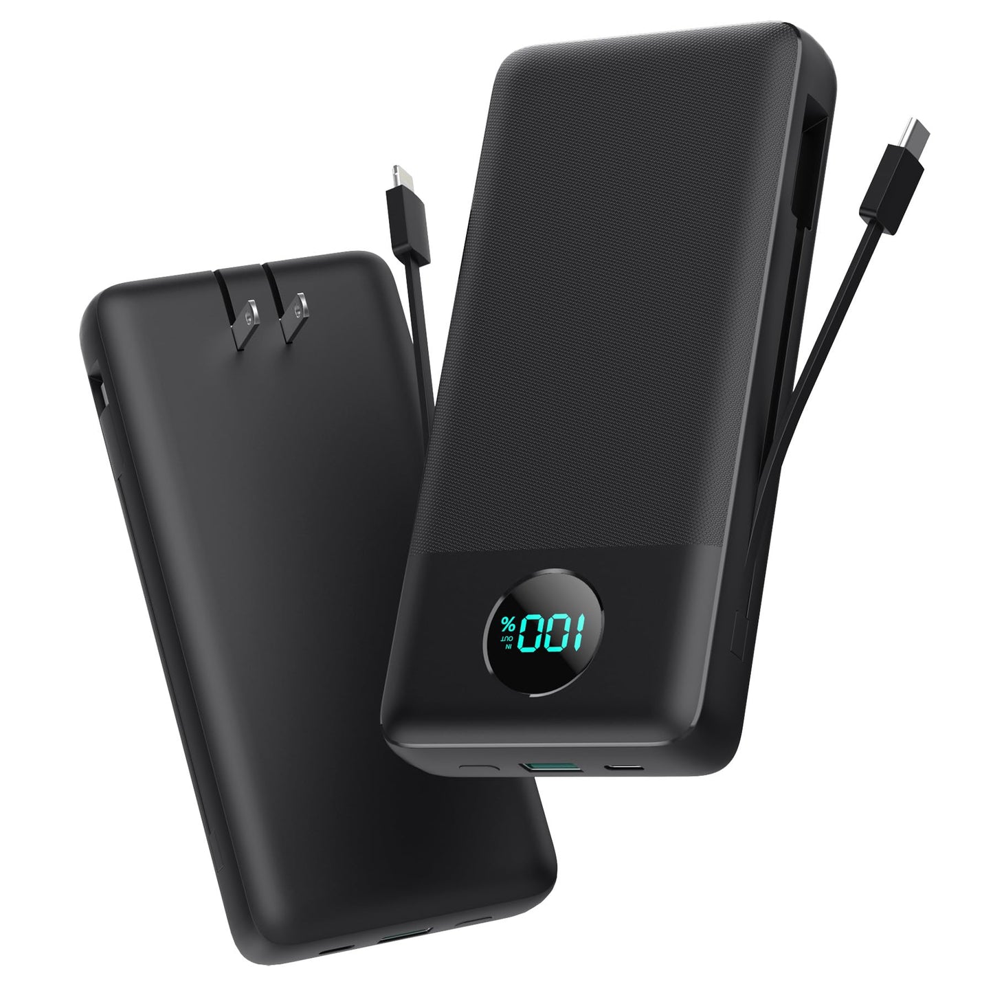 Portable Charger 33800mAh USB C Power Bank with Built-in Cables & AC Wall Plug,25W Fast Charging+QC 4.0 Phone Charger,4 Output LCD Display Battery Pack Compatible with iPhone16/15,Samsung,Android etc