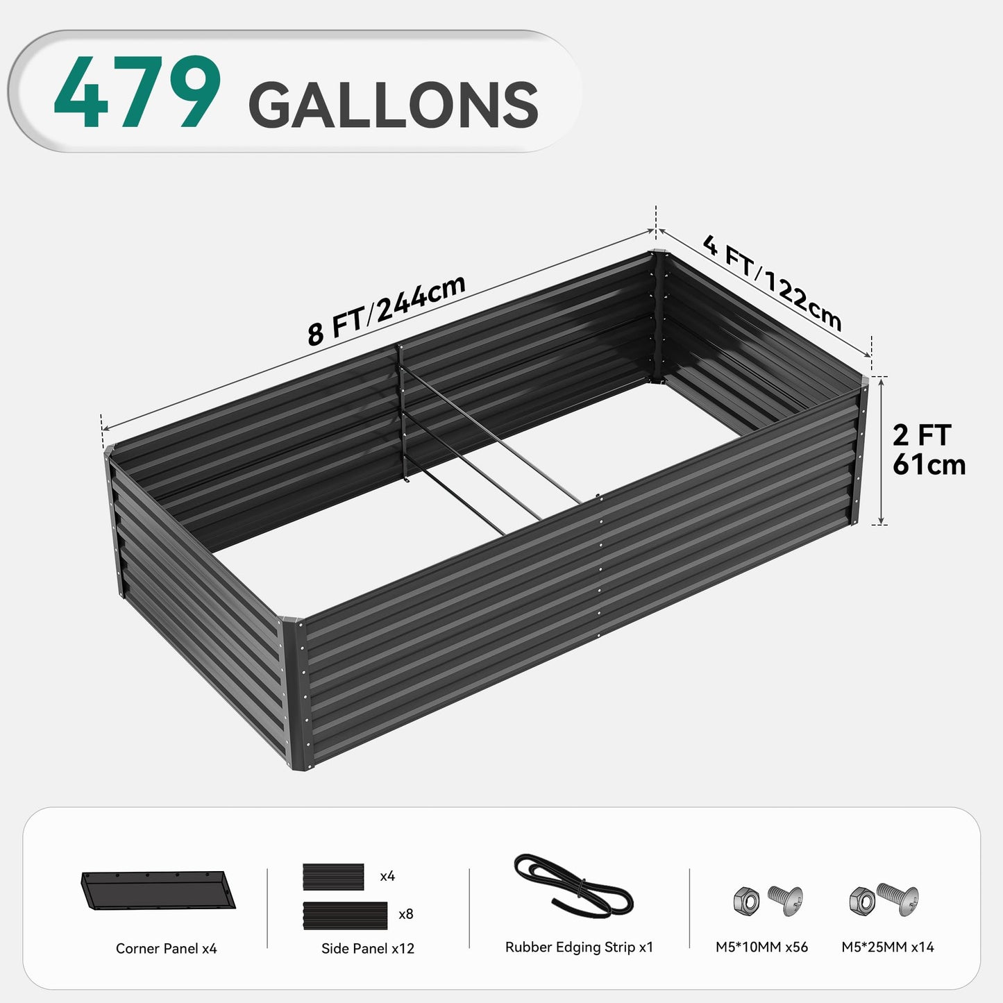 YITAHOME 8x4x2 ft 2pcs Galvanized Raised Garden Bed Kit, Large Metal Planter Box with Gloves, Safety Rubber & Support Rod, Outdoor Flower Bed for Plants Vegetables, Black