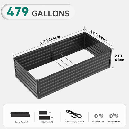 YITAHOME 8x4x2 ft 2pcs Galvanized Raised Garden Bed Kit, Large Metal Planter Box with Gloves, Safety Rubber & Support Rod, Outdoor Flower Bed for Plants Vegetables, Black