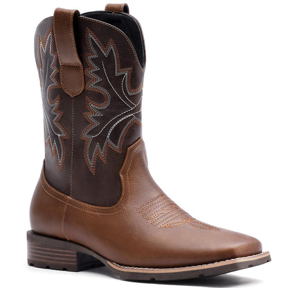 Lumeheel Cowboy Boots for Men - Western Square Toe Men's Brown Boots with Classic Embroidered, Slip on Chunky Heel for Spring Fall 10.5M