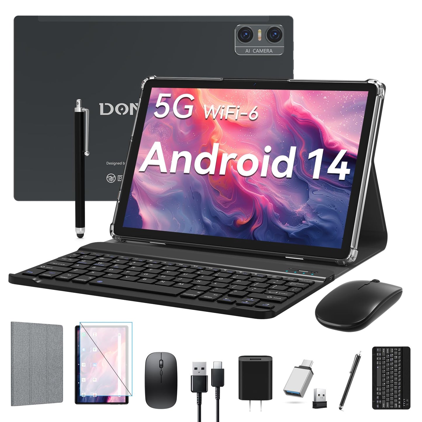 Android 14 Tablet 2025 Latest Tablets, 10 inch Tablet (4+4)GB RAM 64GB ROM 1TB Expand, 2 in 1 Tablets with Keyboard, Case, Stylus, Octa-Core Tableta PC, WiFi 6, Bluetooth, Dual Camera,7000mAh Battery