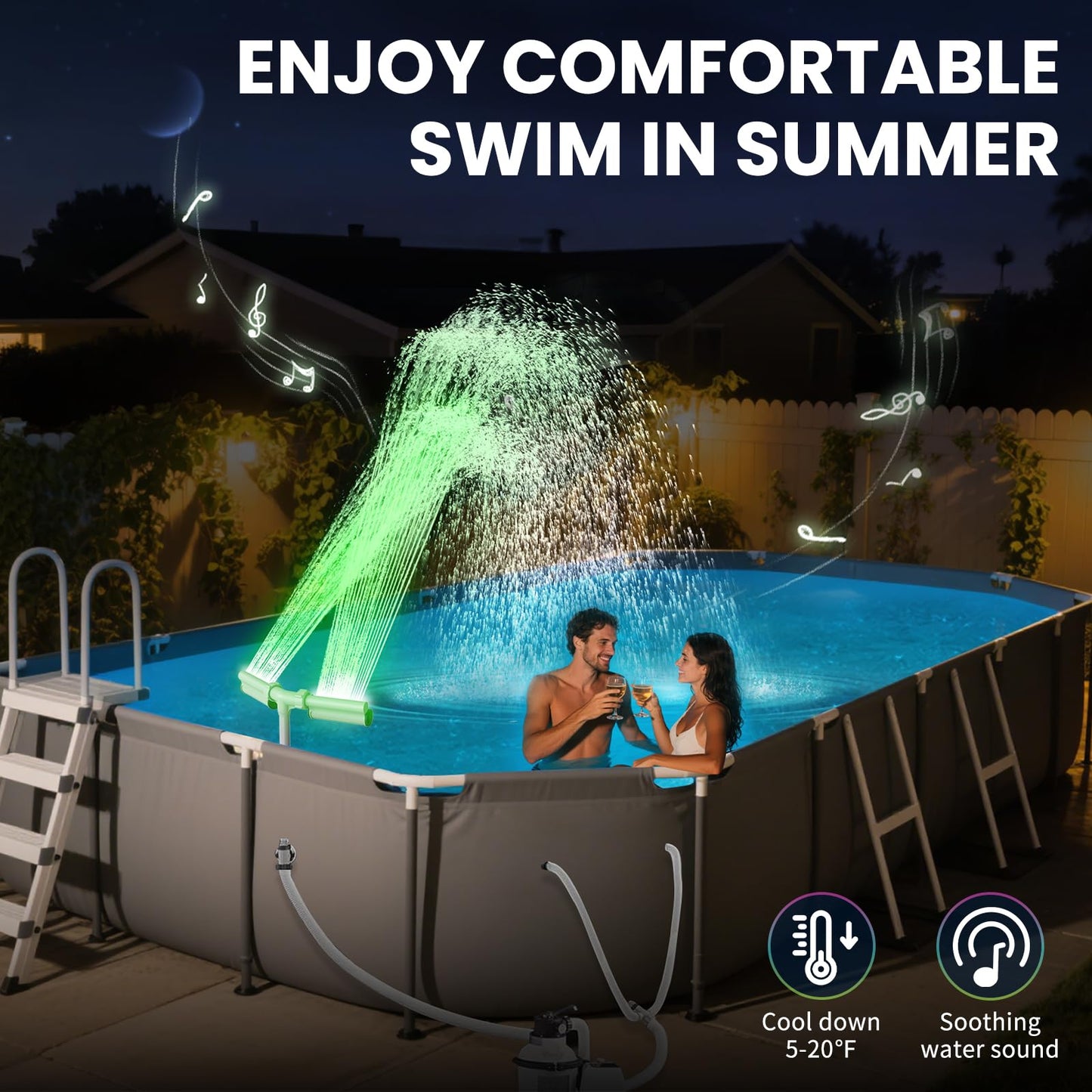 CECEFIN Pool Fountain with 7-Color LED Lights, Above/Inground Pond Fountain Lights with Remote Control, Adjustable Sprinkler with Dual Spray Heads, Pool Cooling System for Cooling & Relaxation