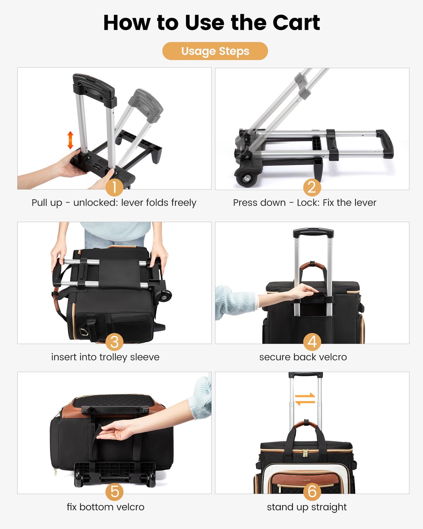 LOVEVOOK Rolling Teacher Bag with Detachable Dolly and Laptop Compartment, Large Rolling Tote Bag fits for 17.3" Laptop for Teacher Office Work Craft Nurse, Quilted-Black-beige-brown