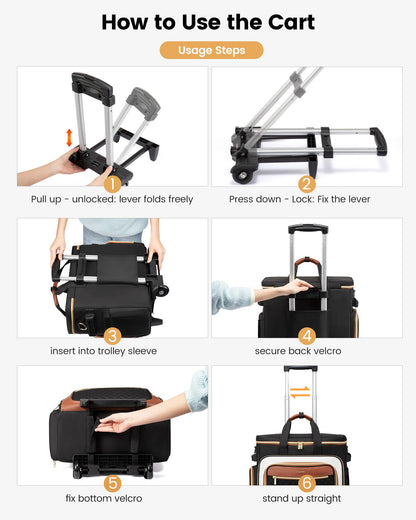 LOVEVOOK Rolling Teacher Bag with Detachable Dolly and Laptop Compartment, Large Rolling Tote Bag fits for 17.3" Laptop for Teacher Office Work Craft Nurse, Quilted-Black-beige-brown