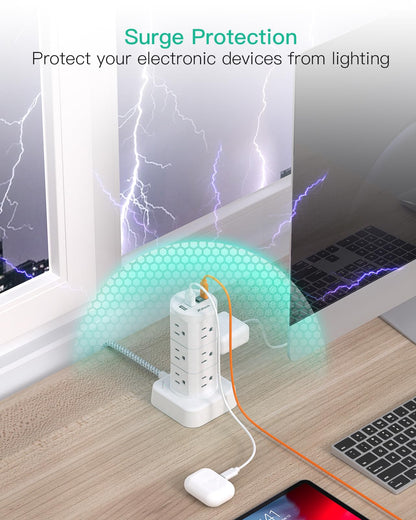 Power Strips with Surge Protection, Flat Plug Power Strip with 12 Outlets 4 USB Ports, Charging Station Tower 1875W/15A 1080J 6Ft Extension Cord with Multiple Outlets, Office Supplies, Dorm Essentials