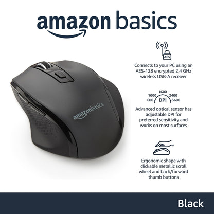 Amazon Basics Ergonomic 2.4 GHz Wireless Optical Mouse, DPI adjustable, Compatible with PC, Mac, Laptop - Black