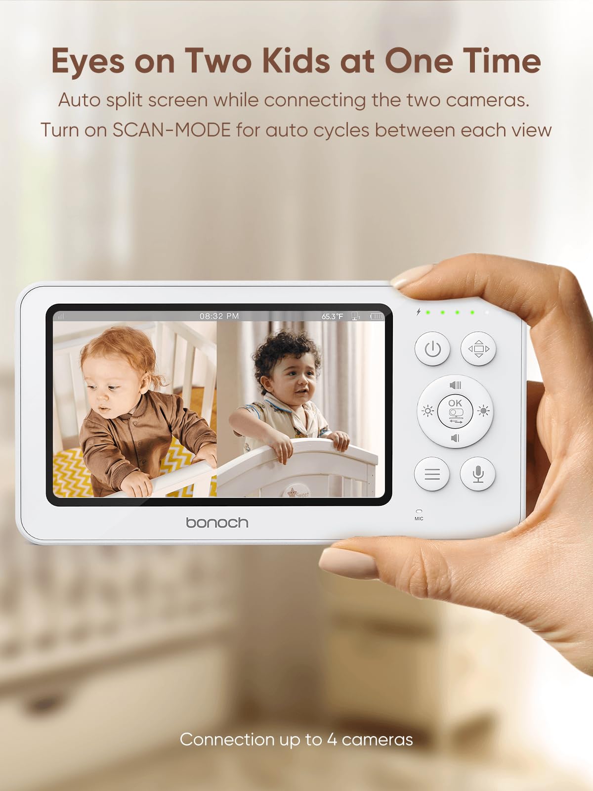 bonoch 4.3" Baby Monitor with 2 Cameras, 720p Split Screen Monitor with Camera and Audio, 28hour Battery, Video Baby Monitor No WiFi, VOX Mode, 2 Way Audio, Auto Night Vision, 2X, 3X, 4X Zoom