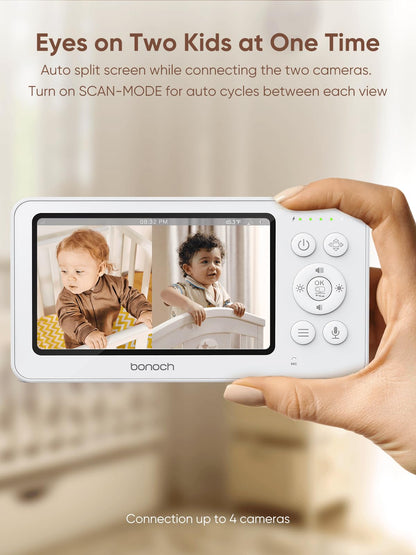 bonoch 4.3" Baby Monitor with 2 Cameras, 720p Split Screen Monitor with Camera and Audio, 28hour Battery, Video Baby Monitor No WiFi, VOX Mode, 2 Way Audio, Auto Night Vision, 2X, 3X, 4X Zoom