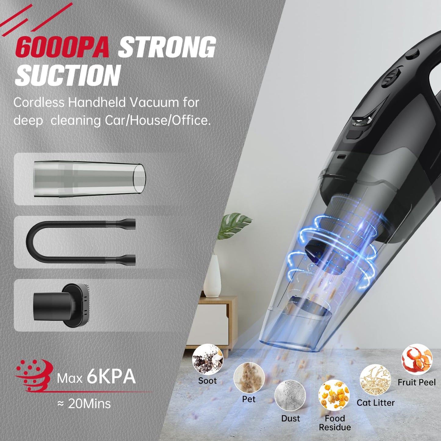 BSRCO Handheld Vacuum Cordless Rechargeable, Car Vacuum Cleaner with LED, USB Charge, 1.65LBs Hand Vacuum Cordless, for Car/Home/Pet