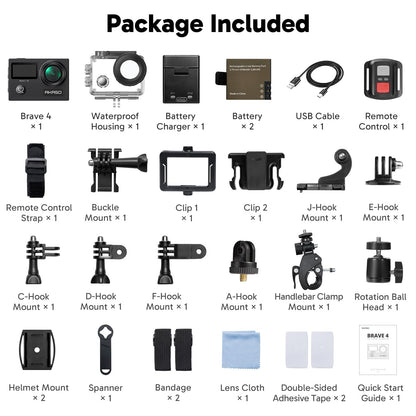 AKASO Brave 4 Action Camera 4K 30fps Ultra Hd Video 20MP Photo, EIS, WiFi Remote Control, 2X Batteries, Waterproof Underwater Camera for Snorkel, Travel, Motorcycle, Bicycle, Helmet Accessories Kit