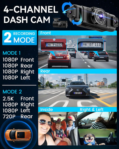 IIWEY N5 4 Channel Dash Cam 360° View, 1080P Front and Rear Inside, Left Right Dash Camera for Cars, 8 IR Lamps Night Vision, 5G WiFi & APP Control, G-Sensor, Parking Mode, with a Free 128GB SD Card
