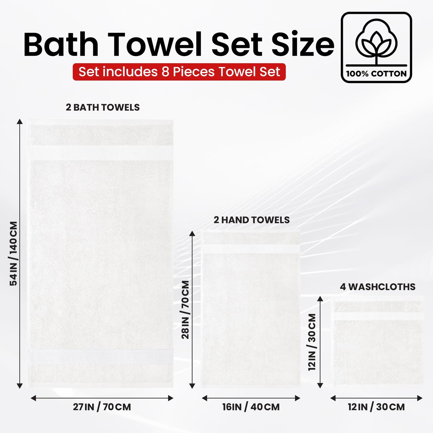 Infinitee Xclusives Luxury 100% Cotton Towel Set – 8 Piece Bathroom Towel Set (2 Bath Towels, 2 Hand Towels, 4 Washcloths) – Soft & Absorbent Towels for Bathroom (Brilliant White)