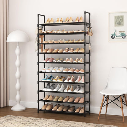 VTRIN 10 Tier Shoe Rack Tall Large Capacity 50 Pair Wide Shoe Organizer with Two Hooks Sturdy Metal Shoe Shelf for Entryway, Closet, Bedroom