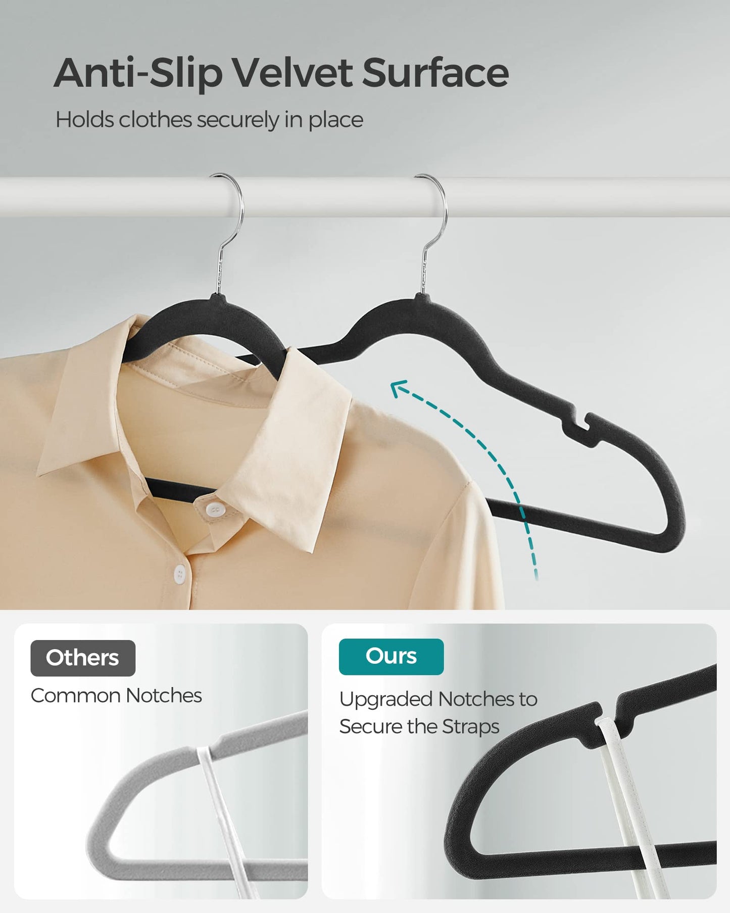 SONGMICS Velvet Hangers 50 Pack, Non-Slip Clothes Hangers, Suit Hangers with Shoulder Notches, Pants Bar, 360° Swivel Hook, Space-Saving, for Closet, Ink Black UCRF029B05