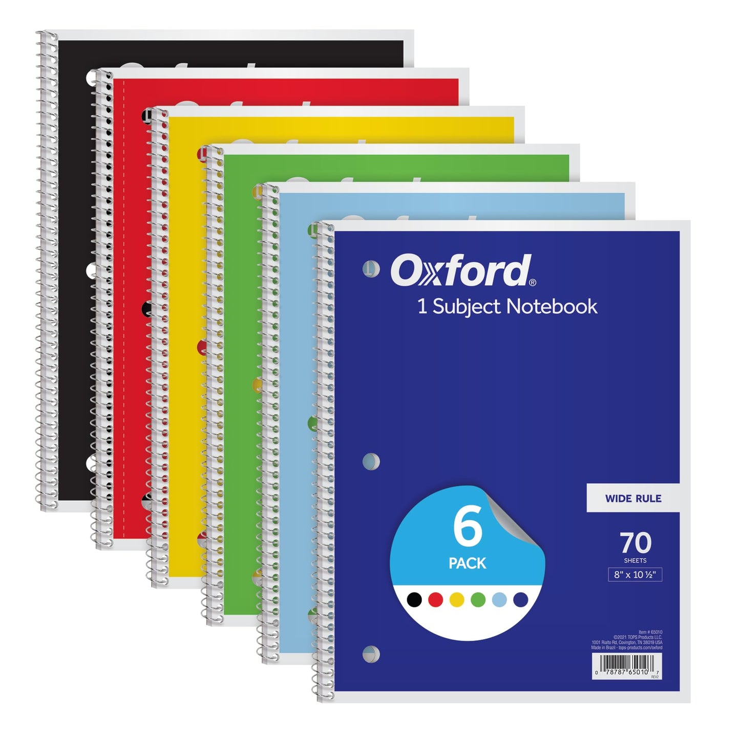 Oxford Spiral Notebook 6 Pack, Bulk Wide Ruled Spiral Notebooks for School, 1 Subject Journal, Wide Ruled Paper, 8 x 10-1/2 Inch, Blue, Yellow, Red, Light Blue, Green and Black, 70 Sheets (65010)
