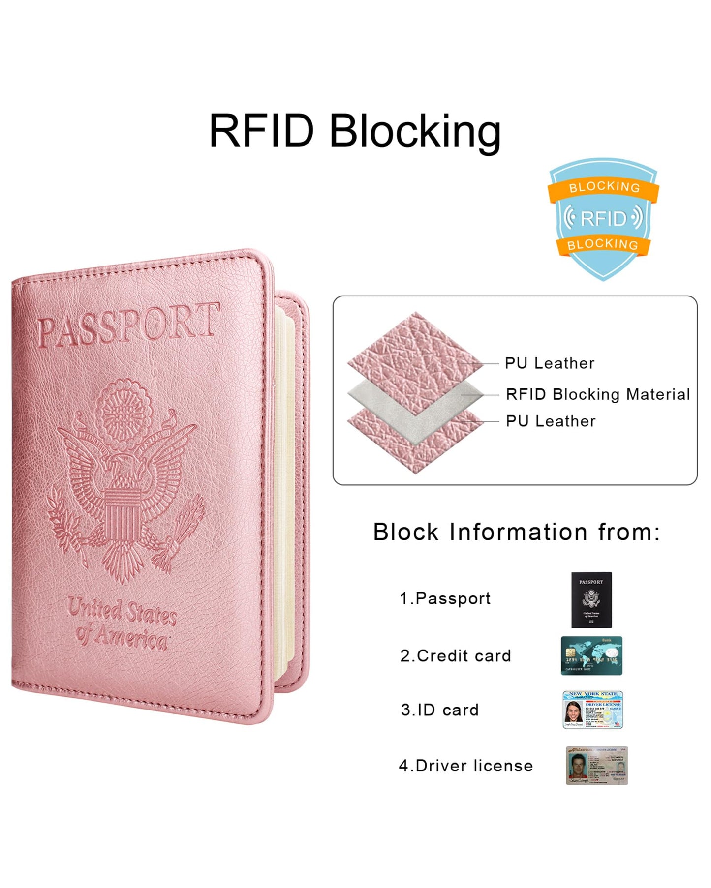 WALNEW Passport Holder for Travel, RFID Passport Cover Wallet for Women Men, PU Leather Passport Book Card Holder Case with Pen (Elastic Band Closure, A-Rosegold)