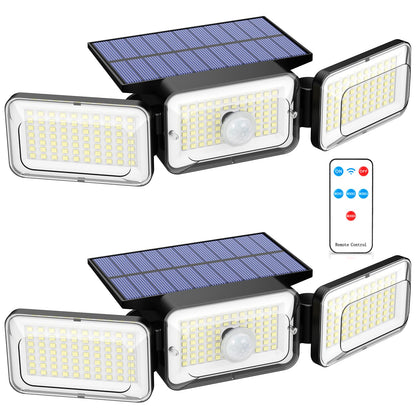 Solar Lights Outdoor Waterproof, Motion Sensor & Flood Outdoor Lights with Remote Control, 4 Adjustable Modes, 3000LM & 218 LED, High-Energy-Density Solar Panel-Monocrystalline Technology, 2 Pack