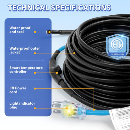 TOPDURE Self-Regulating Pre-assembled Water Pipe Heat Cable for Pipe Freeze Protection, Energy-Saving Pipe Heating Cable Keeps Water Flowing at -40°F 120V 40FT
