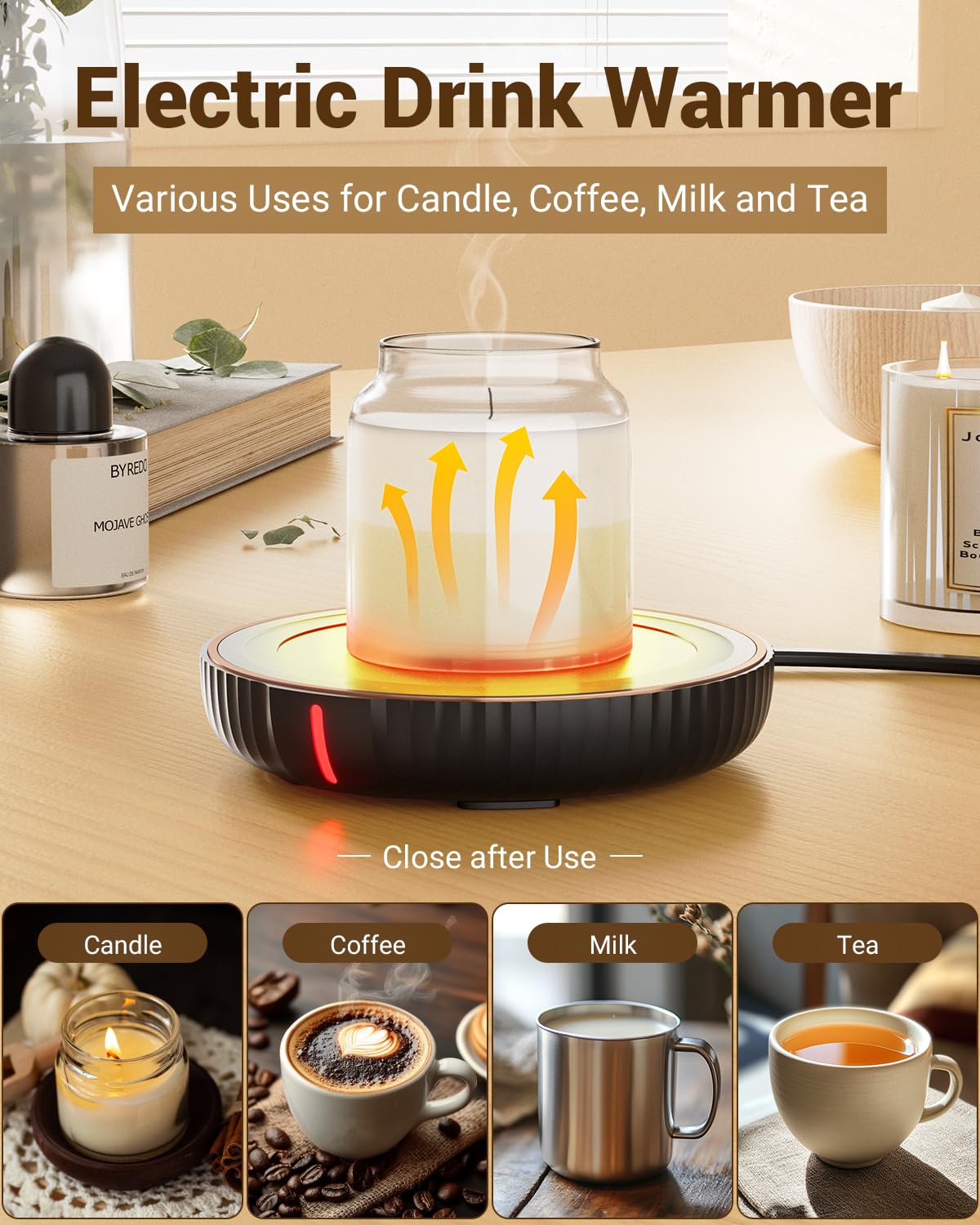 HouseGem Large Candle Warmer Plate - Coffee Cup Mug Warmer for Desk, Candle Melter, Electric Mug Heater for Beverages, Milk & Tea, Coffee Accessories Ideal Gifts Keep Cup Warm (Black)