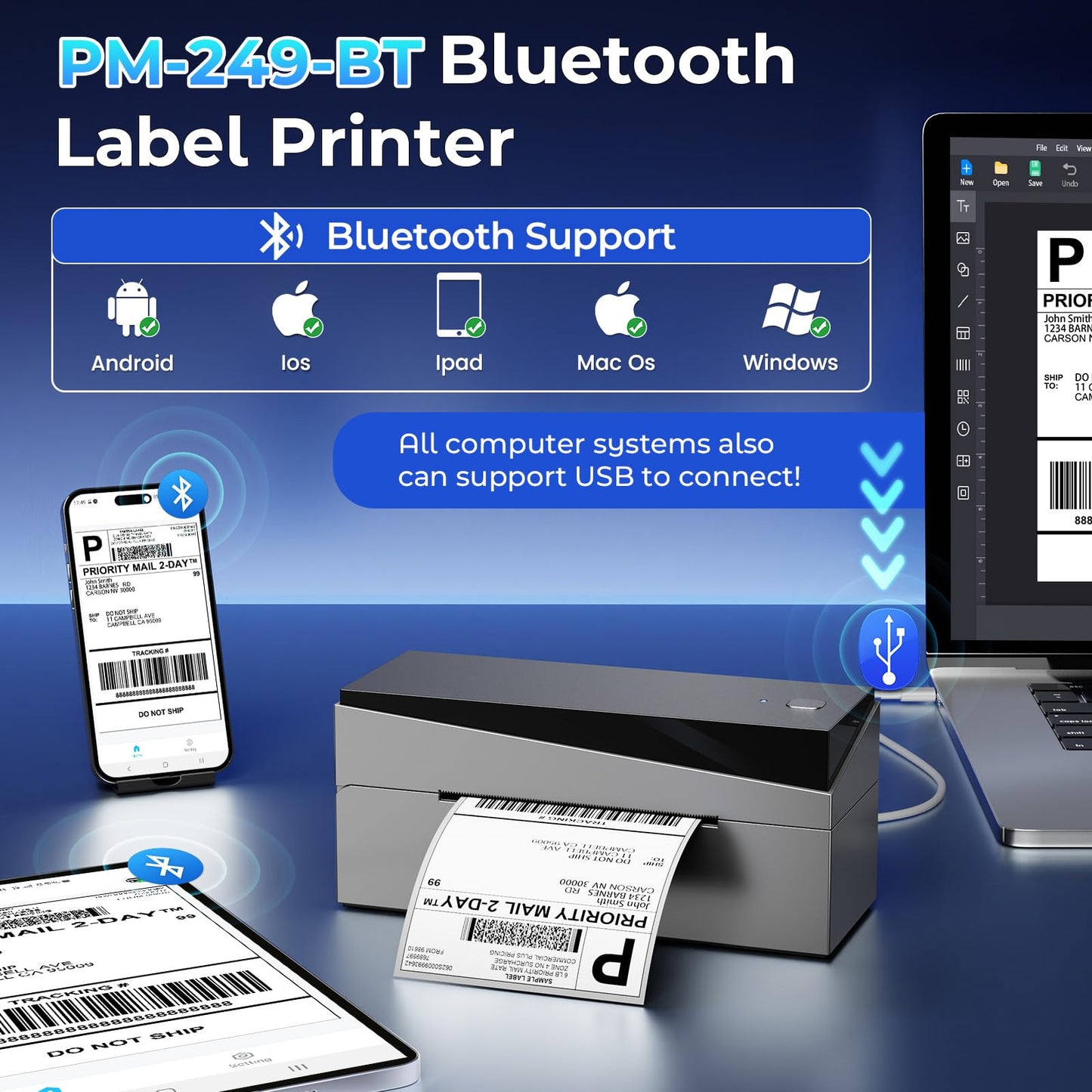 Omezizy Bluetooth Shipping Label Printer 4x6, 249BT Thermal Label Printer 4x6 for Small Business, Shipping Packages, Office, Home, Compatible with Android iPhone iPad Windows macOS Tiktok USPS Etsy