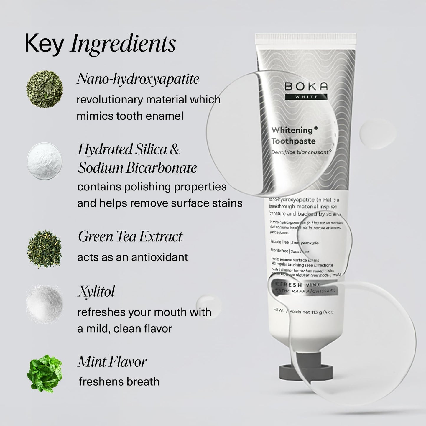 Boka Fluoride Free Toothpaste, Nano Hydroxyapatite Toothpaste, Appropriate for Sensitive Teeth, for Adult, Kids Oral Care - Whitening* Refresh Mint, 4 Fl Oz 1Pk US Manufactured