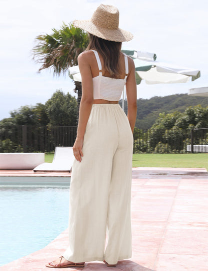 Faleave Women's Cotton Linen Summer Palazzo Pants Flowy Wide Leg Beach Trousers with Pockets(Apricot-M)