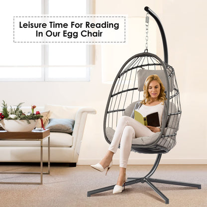 Egg Swing Chair with Stand Hanging Egg Chair Outdoor - Rattan Wicker Patio Hanging Basket Chair Hammock Chair with Aluminum Steel Frame and UV Resistant Cushion for Indoor Bedroom Balcony (Grey)