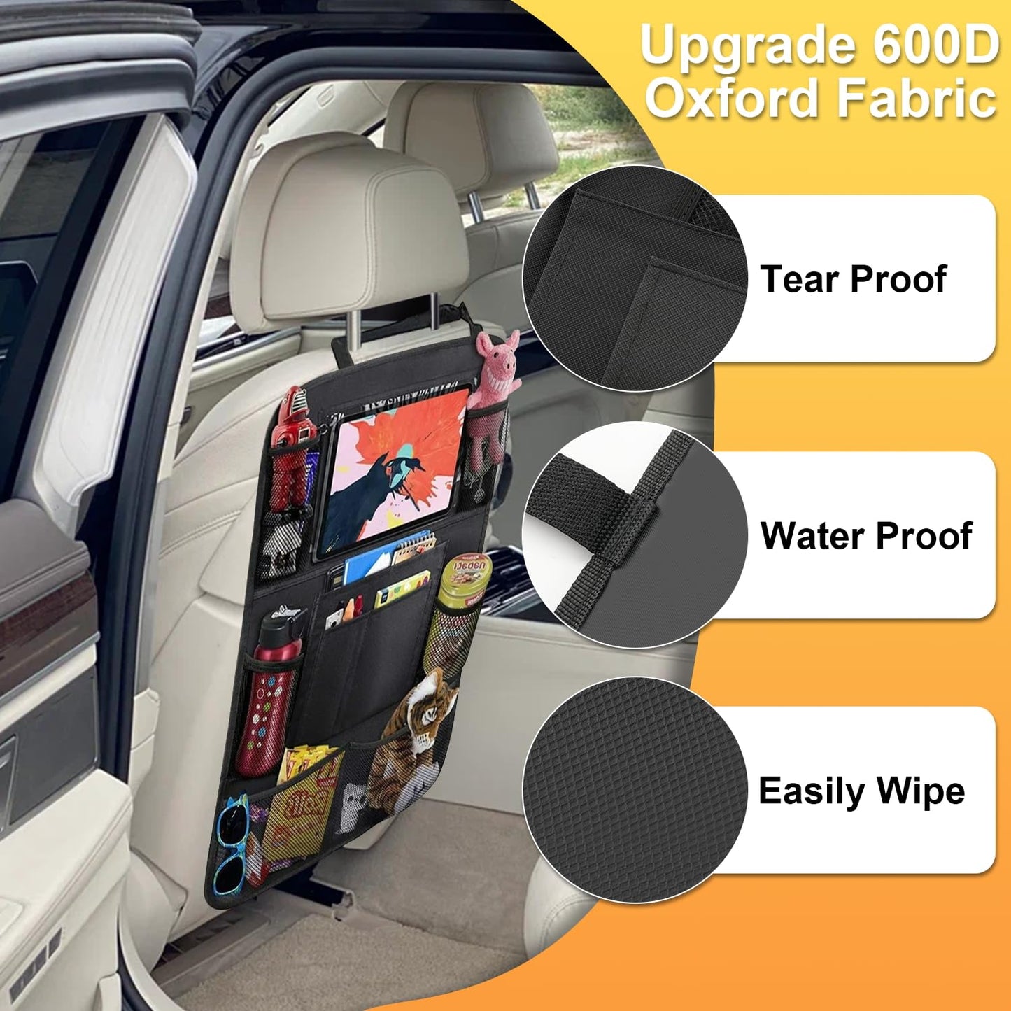 JUSTTOP Black Car Backseat Organizer with Touch Screen Tablet Holder, 9 Storage Pockets Kick Mats Car Seat Back Protectors for Kids Toddlers, Car Travel Accessories, 2 pack