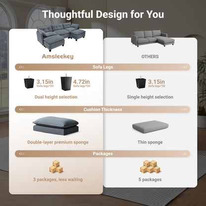 Amsleekey Modular Sectional Sofa, 111.5" U-Shaped Corduroy Comfy Sectional Couches for Living Room, 3-Seater Cloud Couches with 2 Movable Ottomans, Flexible Combination Modern Deep Seat Sofa (Grey)