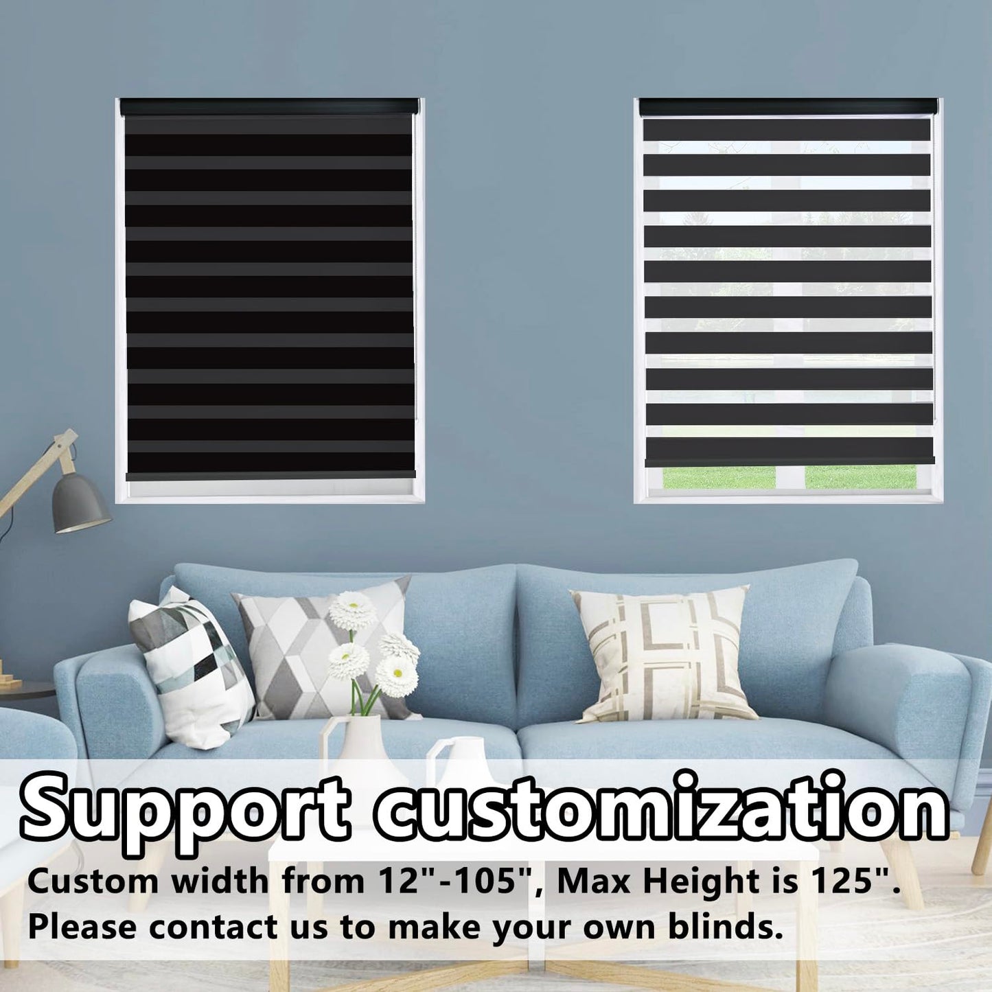 Persilux Blackout Zebra Roller Window Shades Dual Layer (30" W X 72" H, Black) Roller Sheer Shades Light Filtering UV and Privacy Protection for Day and Night Window Shades for Home and Office