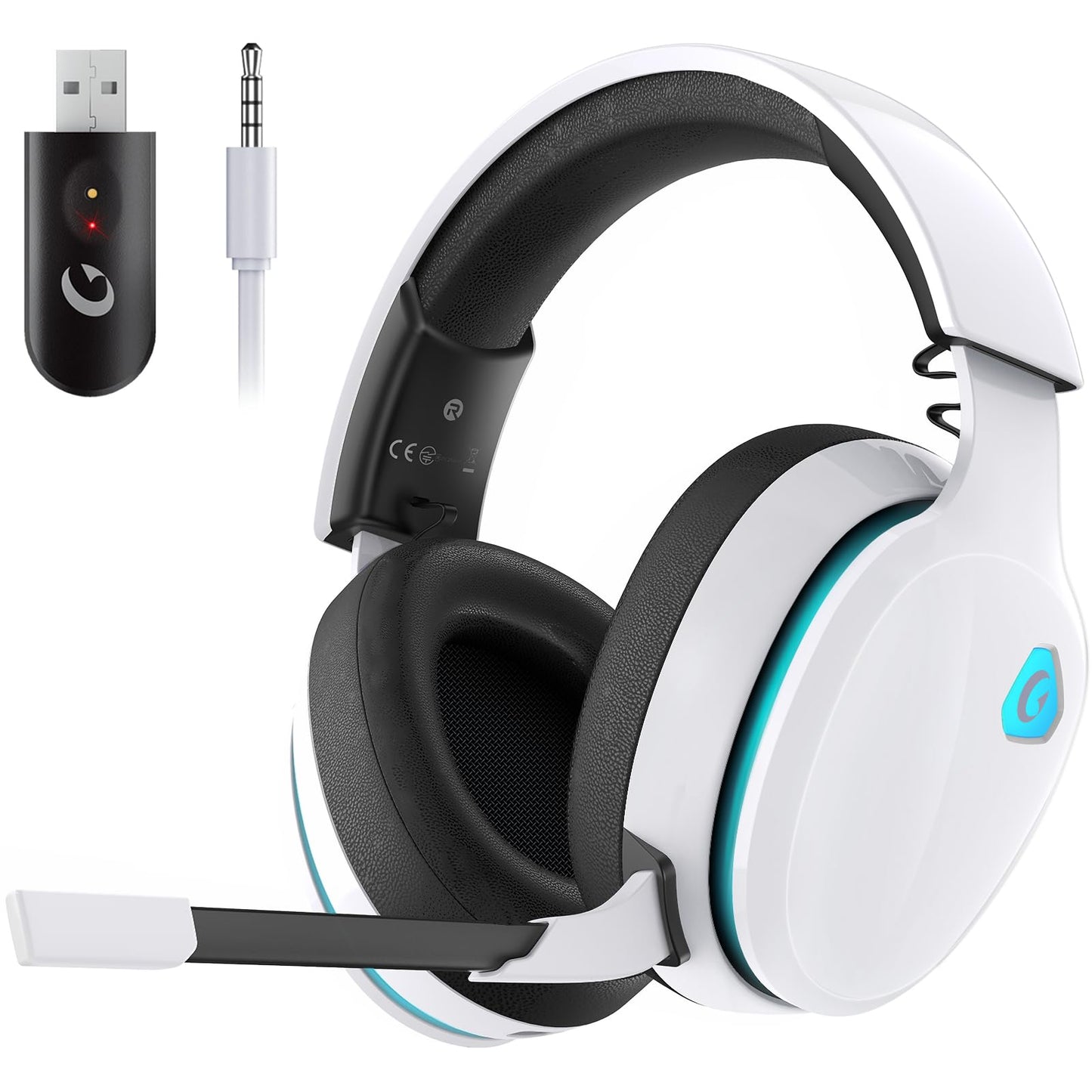 Gtheos 2.4GHz Wireless Gaming Headset for PS5, PS4 Fortnite & Call of Duty/FPS Gamers, PC, Nintendo Switch, Bluetooth 5.3 Gaming Headphones with Noise Canceling Mic, Stereo Sound, 40+Hr Battery -White