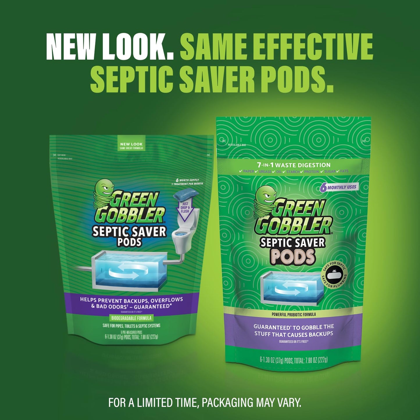 Green Gobbler Septic Tank Treatment Packets, 12 Month Supply - Natural Bacteria to Prevent Costly Septic Issues, Back-Ups, Foul Odor | Pod: Color May Vary